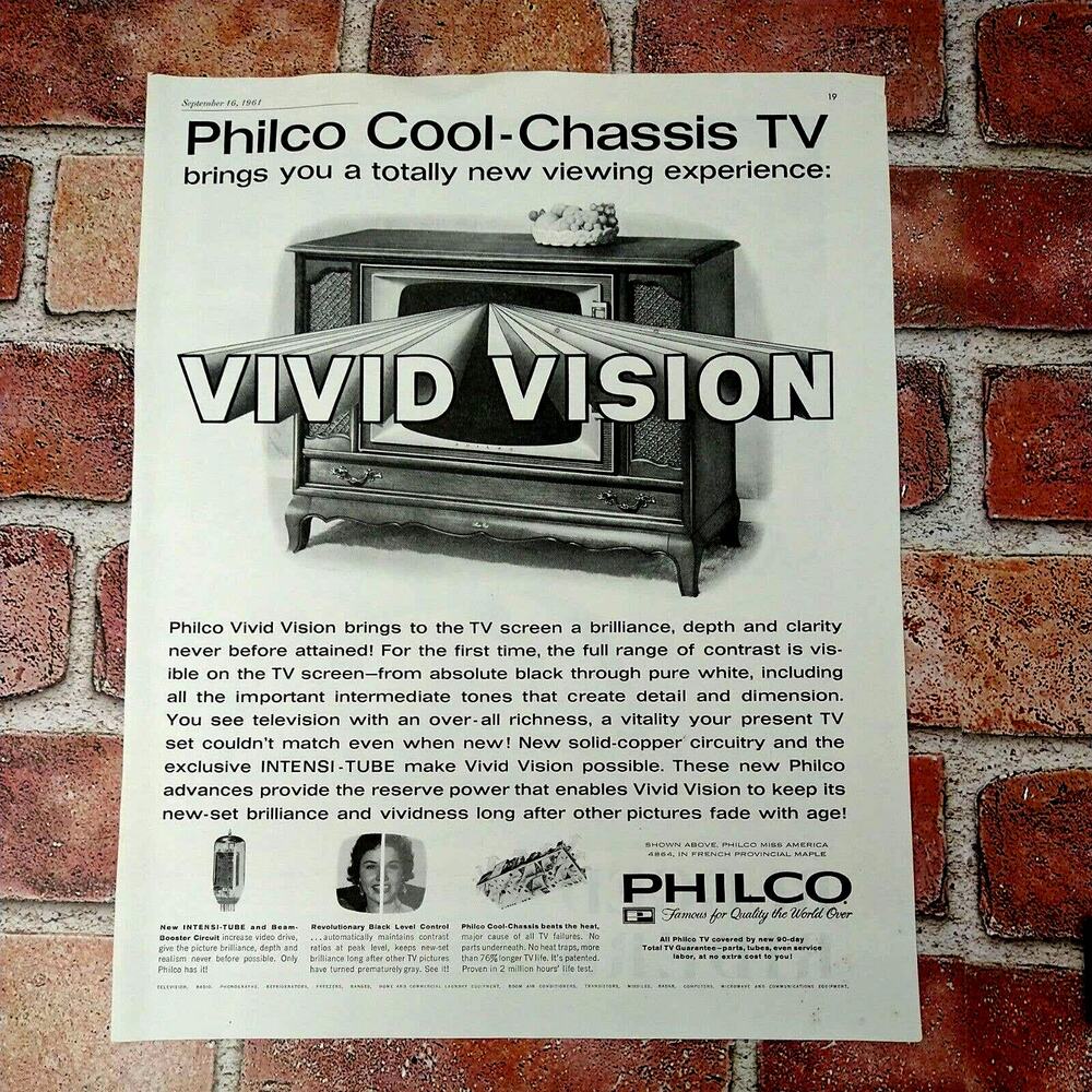 1961 Philco Cool Chassis‎ TV Console VIVID VISION Television Vtg B&W PRINT AD
